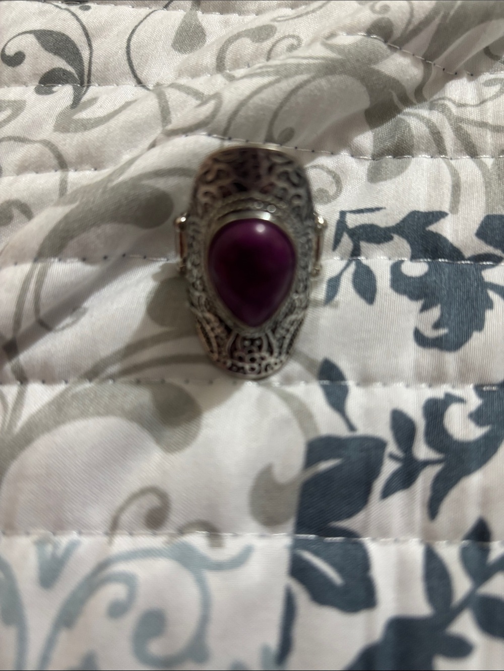 Silver-Tone Filigree Statement Ring with Purple Cabochon - Unbranded